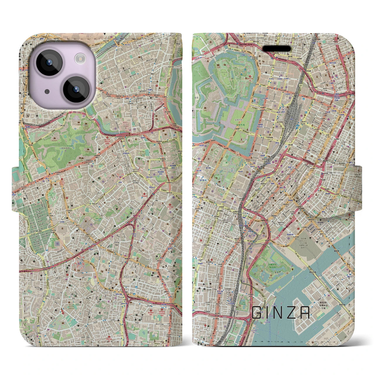【銀座(東京都)】地図柄iPhoneケース(手帳タイプ)ナチュラル・iPhone 14 用
