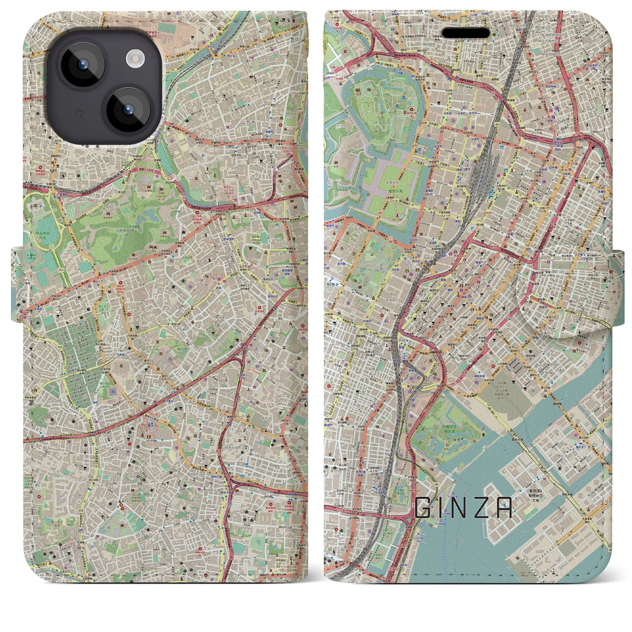 【銀座(東京都)】地図柄iPhoneケース(手帳タイプ)ナチュラル・iPhone 14 Plus 用