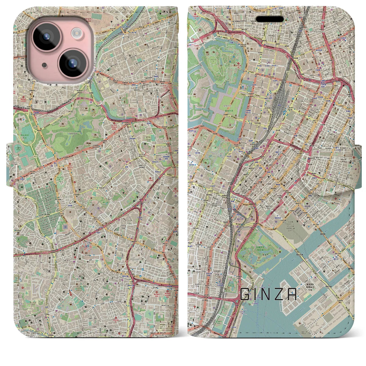 【銀座(東京都)】地図柄iPhoneケース(手帳タイプ)ナチュラル・iPhone 15 Plus 用