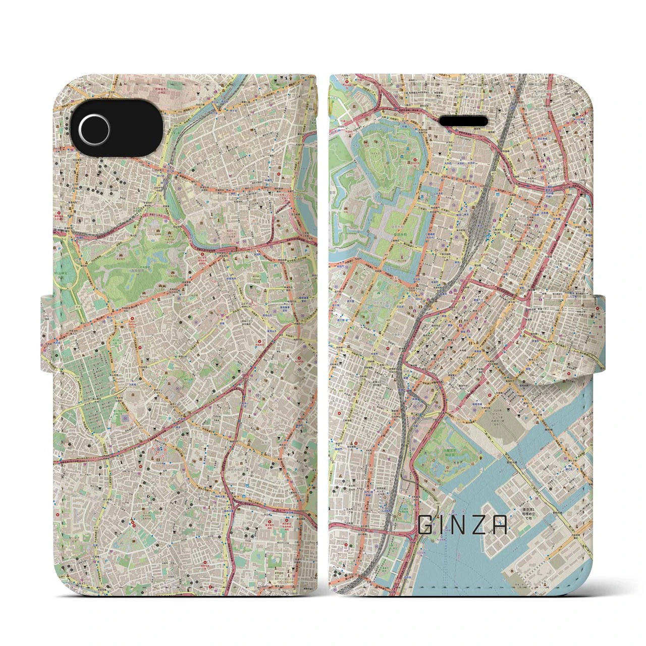 【銀座(東京都)】地図柄iPhoneケース(手帳タイプ)ナチュラル・iPhone SE(第3 / 第2世代) / 8 / 7 / 6s / 6 用
