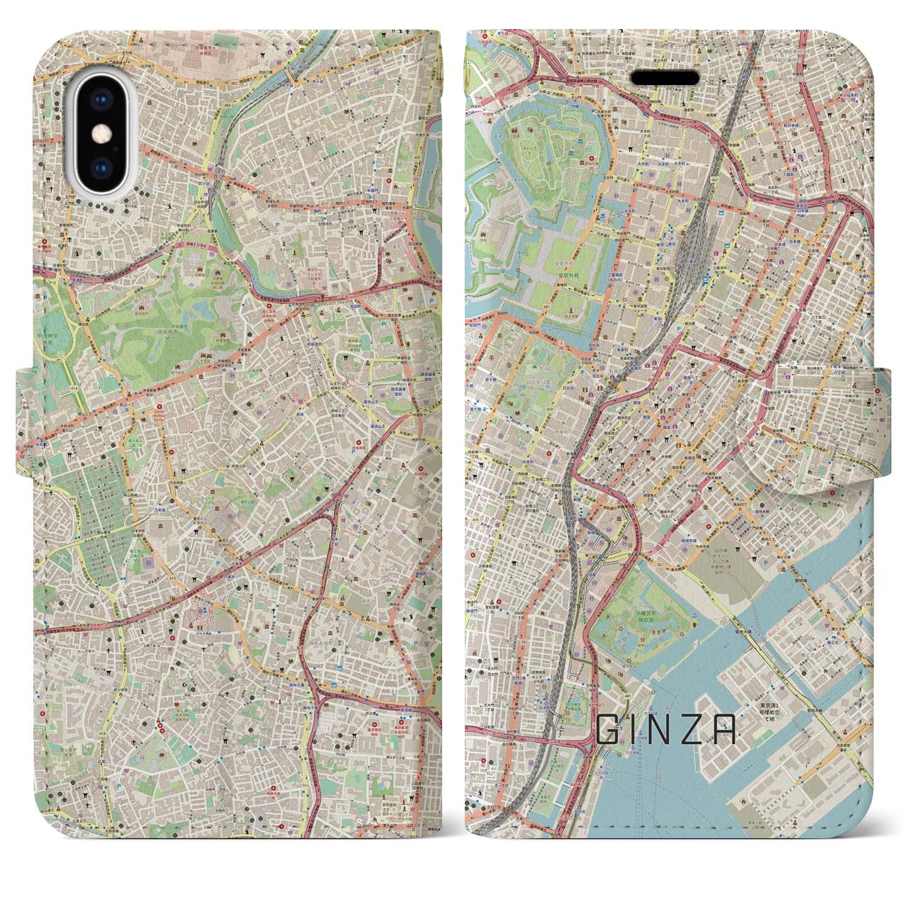 【銀座(東京都)】地図柄iPhoneケース(手帳タイプ)ナチュラル・iPhone XS Max 用