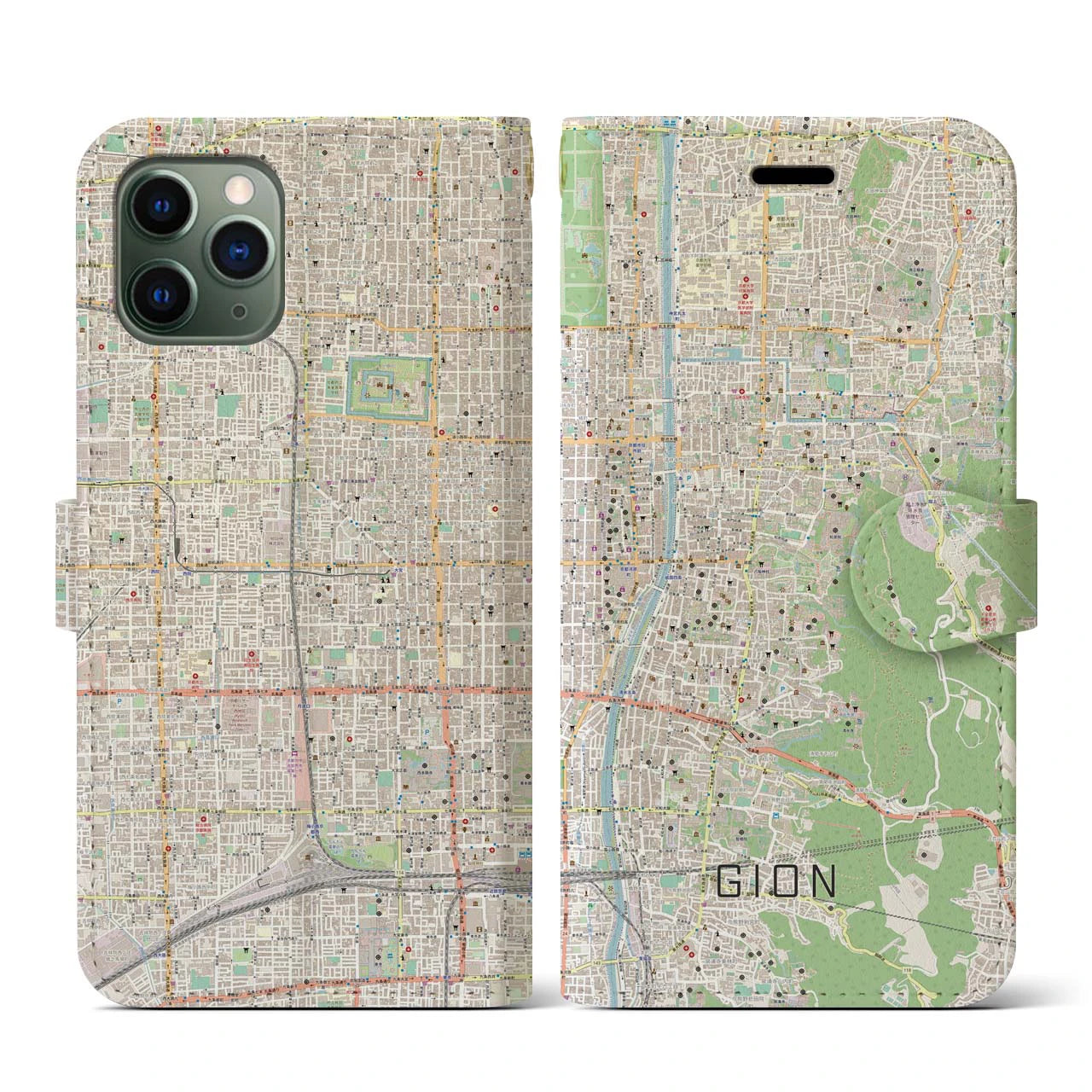 【祇園(京都府)】地図柄iPhoneケース(手帳タイプ)ナチュラル・iPhone 11 Pro 用