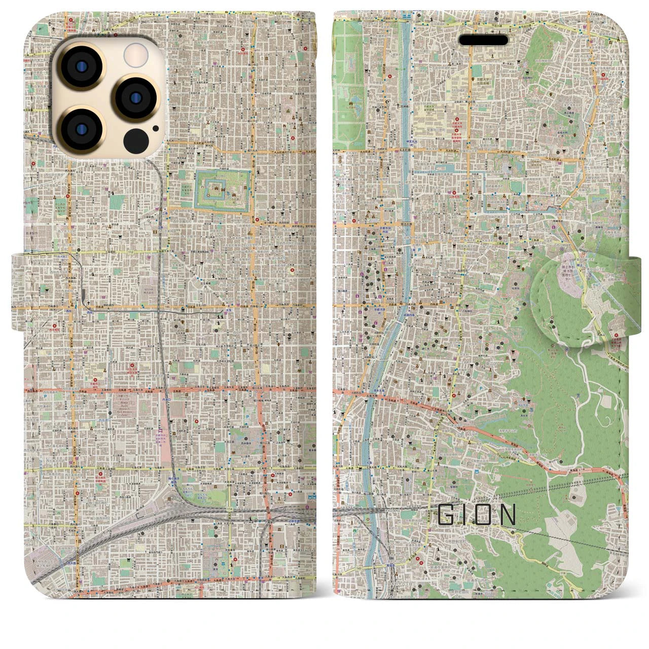 【祇園(京都府)】地図柄iPhoneケース(手帳タイプ)ナチュラル・iPhone 12 Pro Max 用