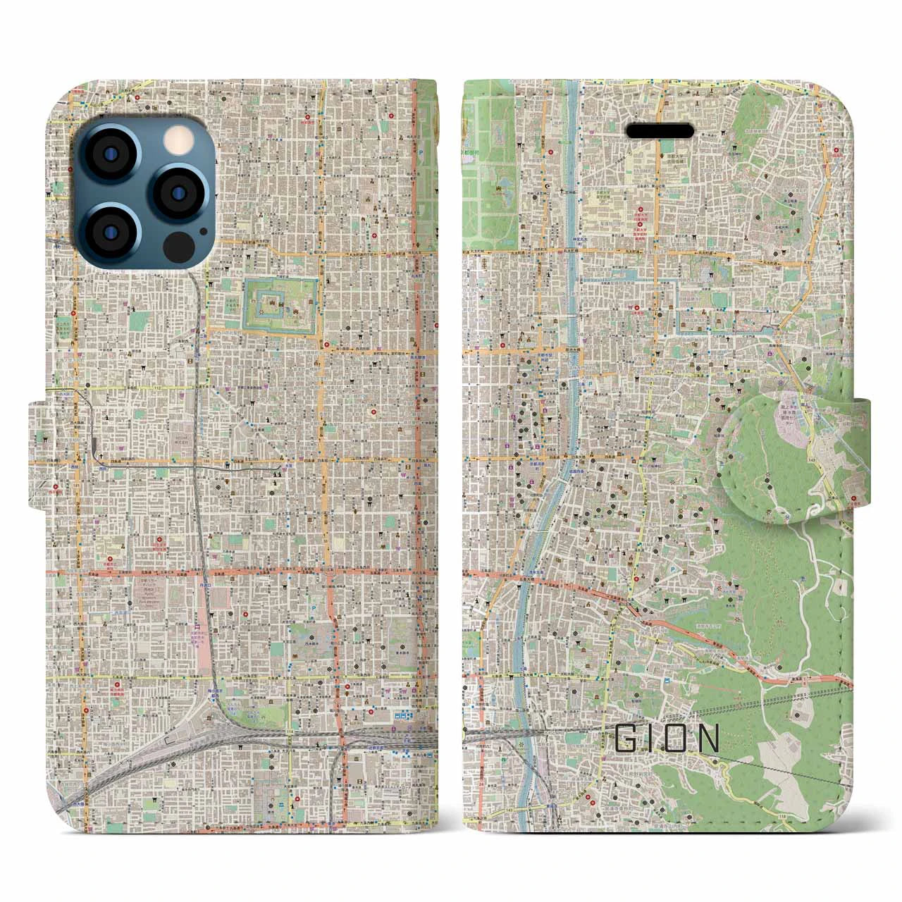 【祇園(京都府)】地図柄iPhoneケース(手帳タイプ)ナチュラル・iPhone 12 / 12 Pro 用