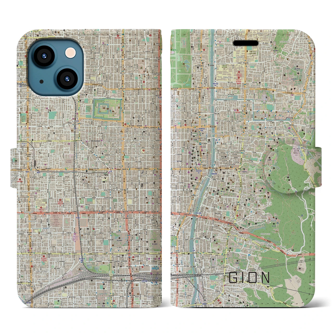 【祇園(京都府)】地図柄iPhoneケース(手帳タイプ)ナチュラル・iPhone 13 用