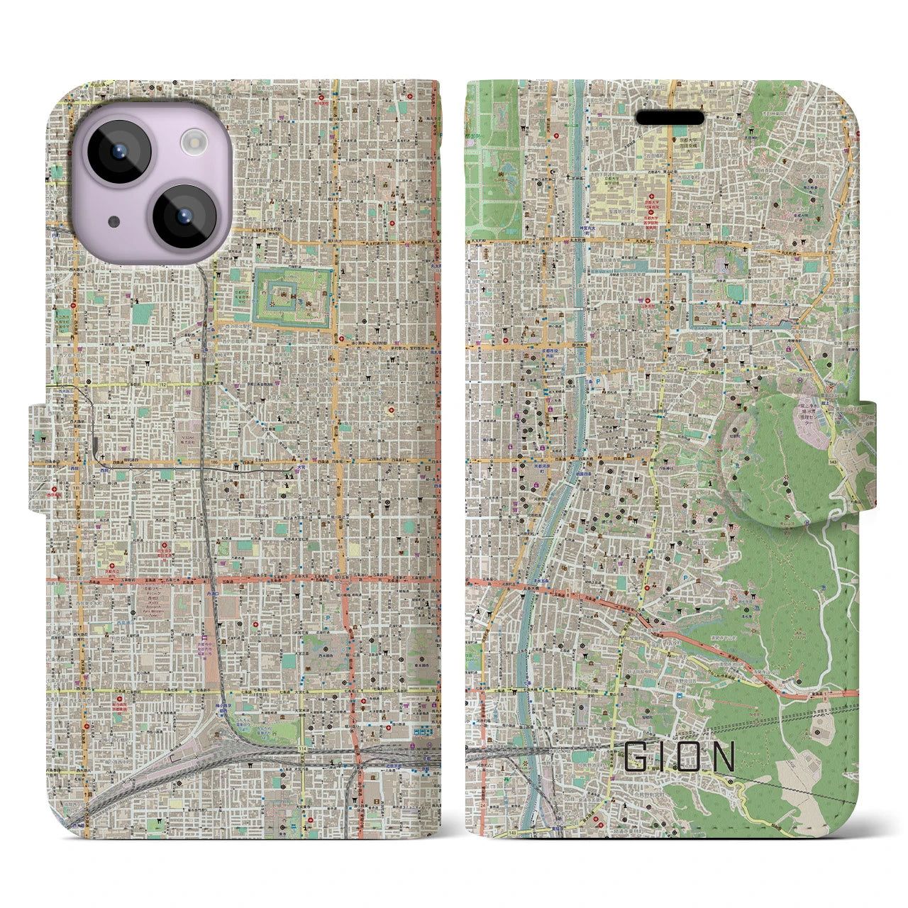 【祇園(京都府)】地図柄iPhoneケース(手帳タイプ)ナチュラル・iPhone 14 用