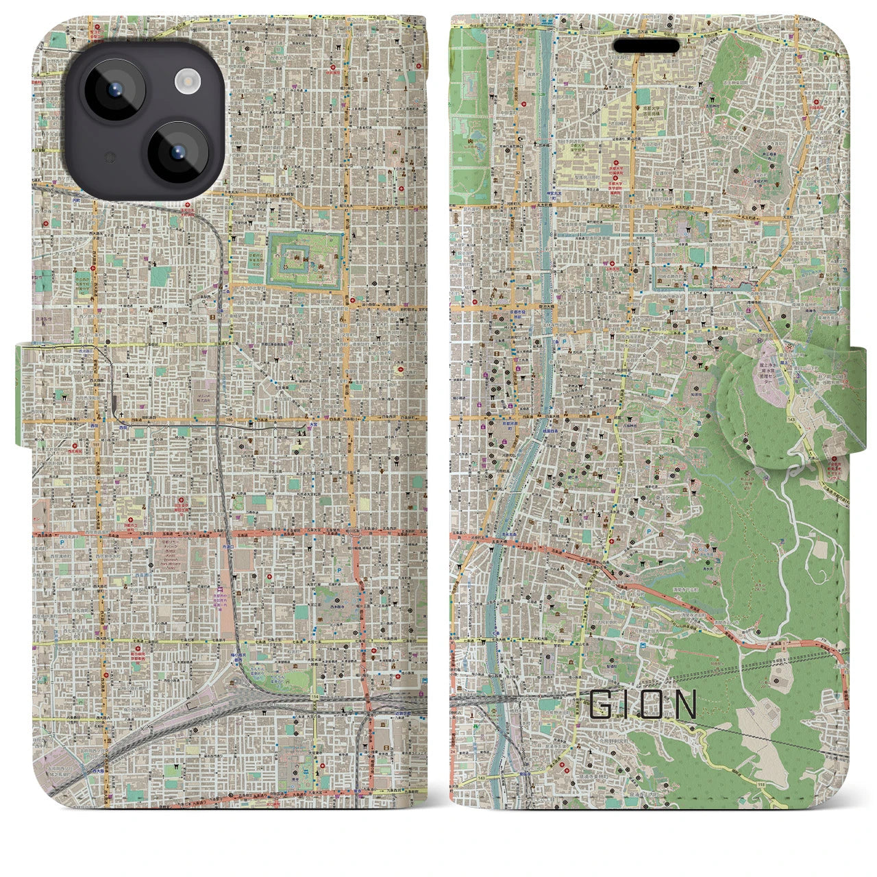 【祇園(京都府)】地図柄iPhoneケース(手帳タイプ)ナチュラル・iPhone 14 Plus 用