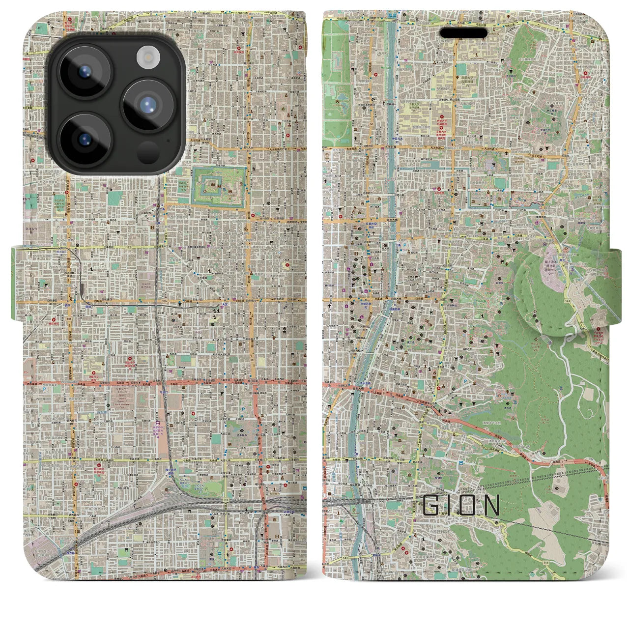 【祇園(京都府)】地図柄iPhoneケース(手帳タイプ)ナチュラル・iPhone 15 Pro Max 用