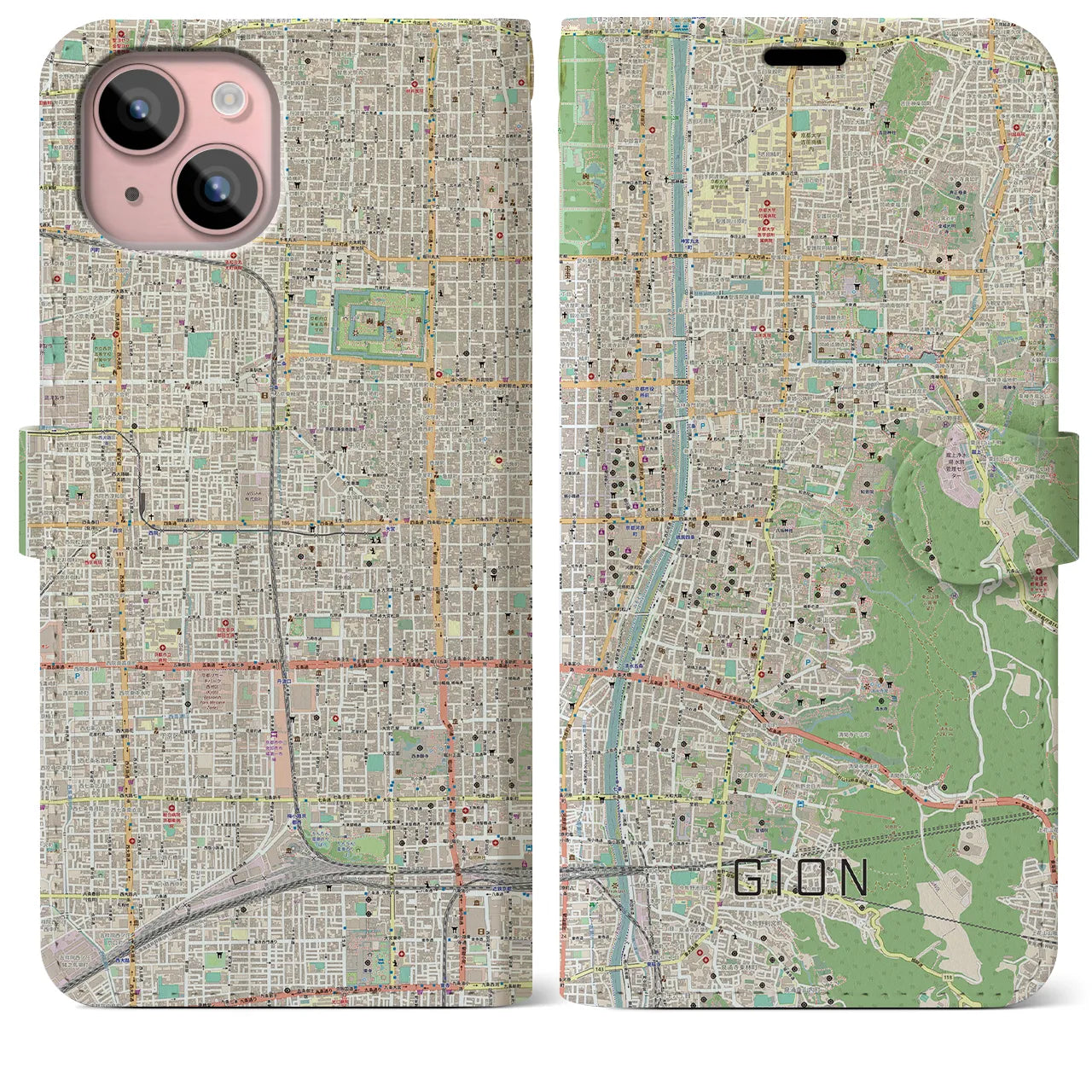 【祇園(京都府)】地図柄iPhoneケース(手帳タイプ)ナチュラル・iPhone 15 Plus 用