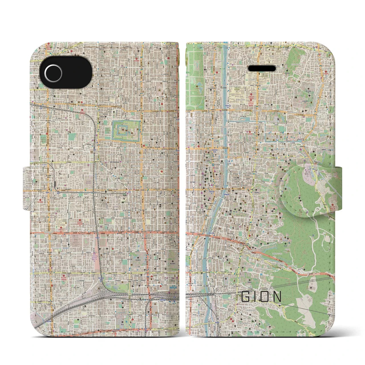 【祇園(京都府)】地図柄iPhoneケース(手帳タイプ)ナチュラル・iPhone SE(第3 / 第2世代) / 8 / 7 / 6s / 6 用