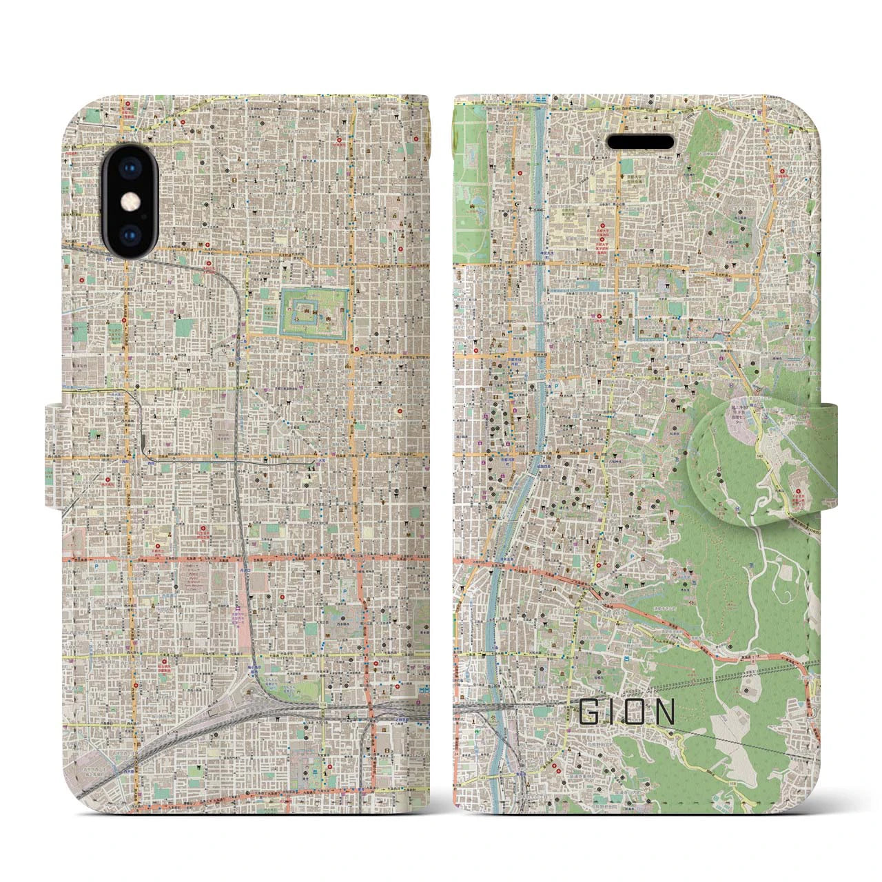 【祇園(京都府)】地図柄iPhoneケース(手帳タイプ)ナチュラル・iPhone XS / X 用