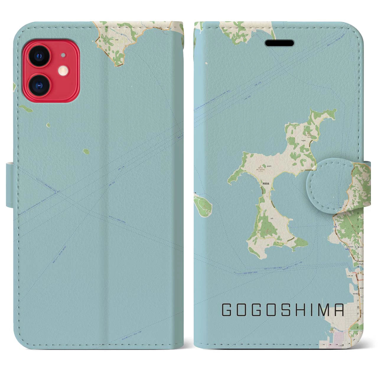 【興居島(愛媛県)】地図柄iPhoneケース(手帳タイプ)ナチュラル・iPhone 11 用