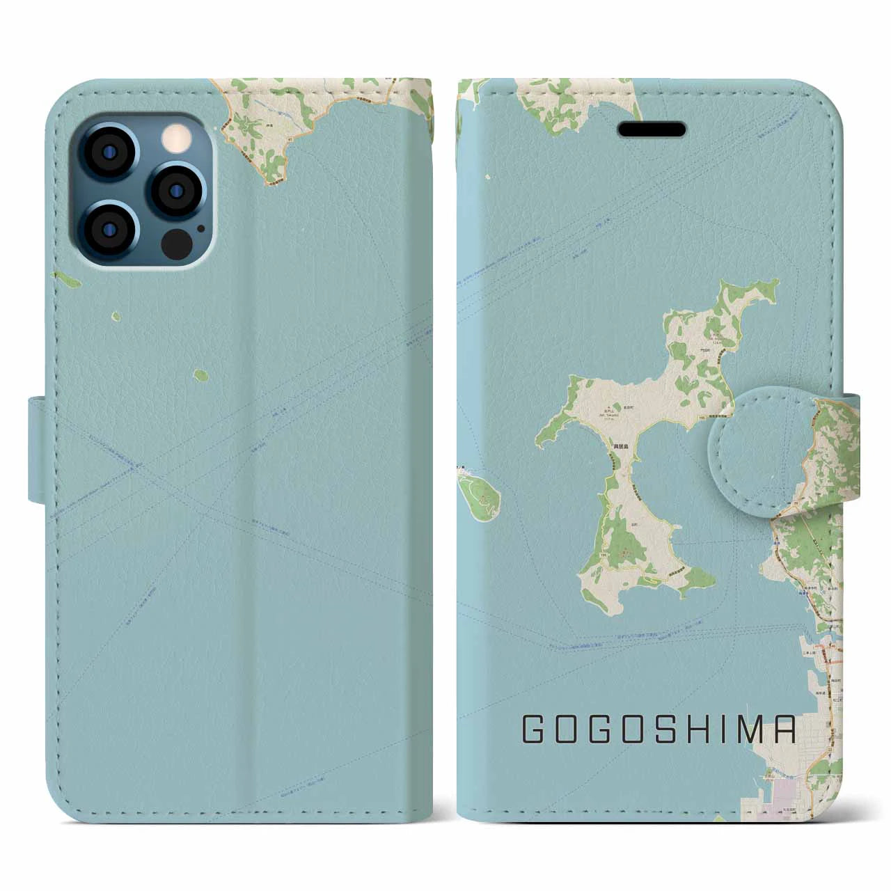 【興居島(愛媛県)】地図柄iPhoneケース(手帳タイプ)ナチュラル・iPhone 12 / 12 Pro 用