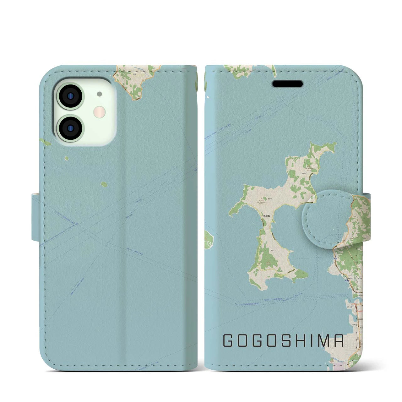 【興居島(愛媛県)】地図柄iPhoneケース(手帳タイプ)ナチュラル・iPhone 12 mini 用