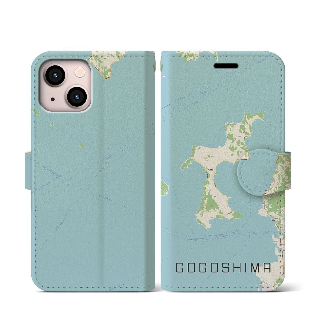 【興居島(愛媛県)】地図柄iPhoneケース(手帳タイプ)ナチュラル・iPhone 13 mini 用