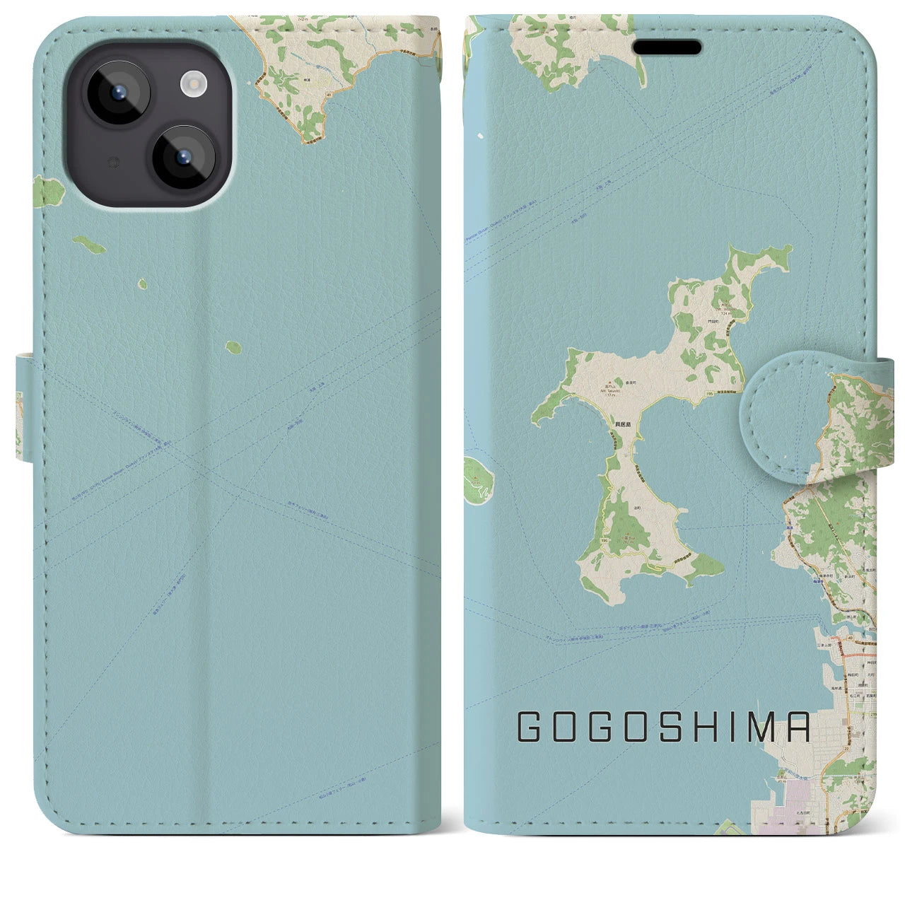 【興居島(愛媛県)】地図柄iPhoneケース(手帳タイプ)ナチュラル・iPhone 14 Plus 用