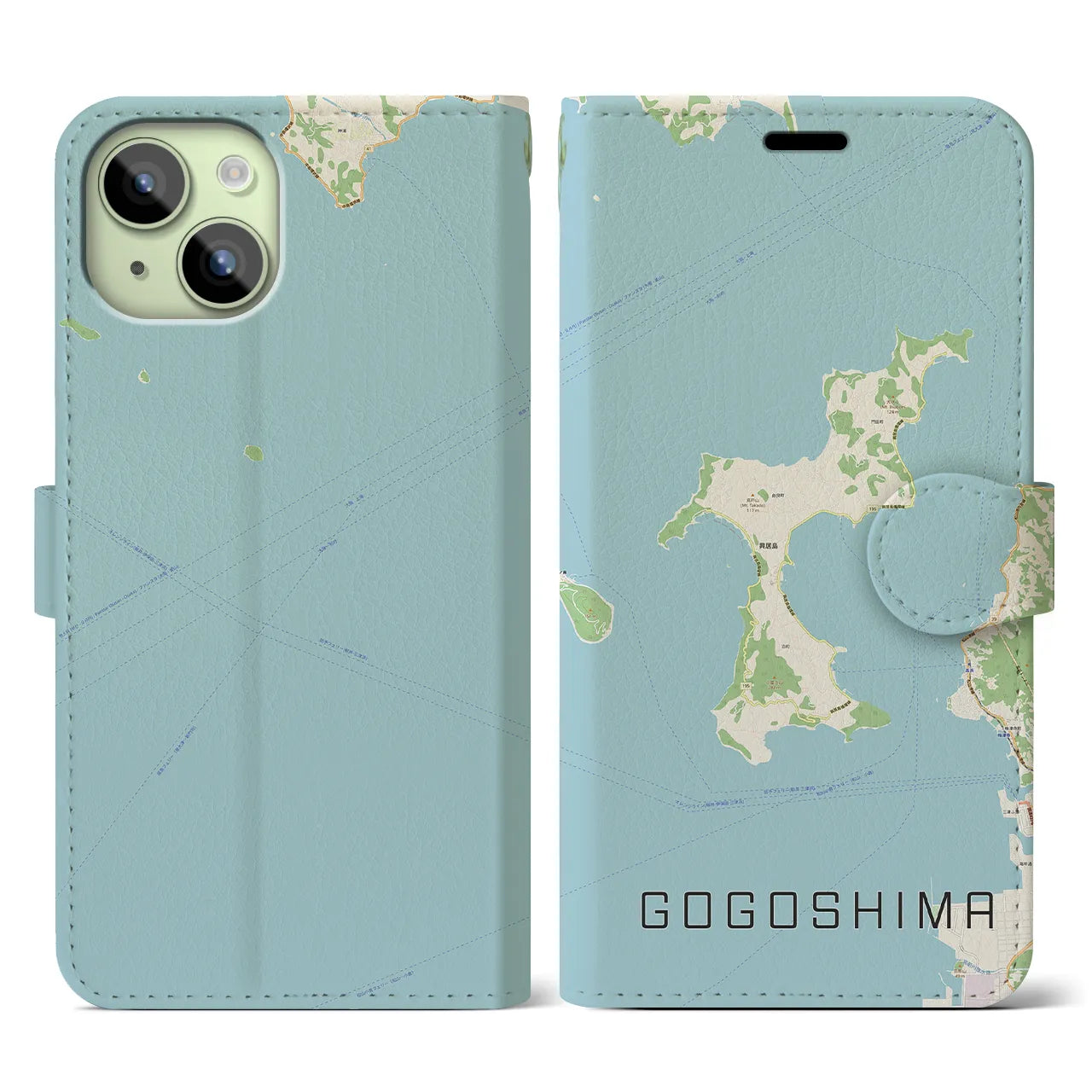 【興居島(愛媛県)】地図柄iPhoneケース(手帳タイプ)ナチュラル・iPhone 15 用
