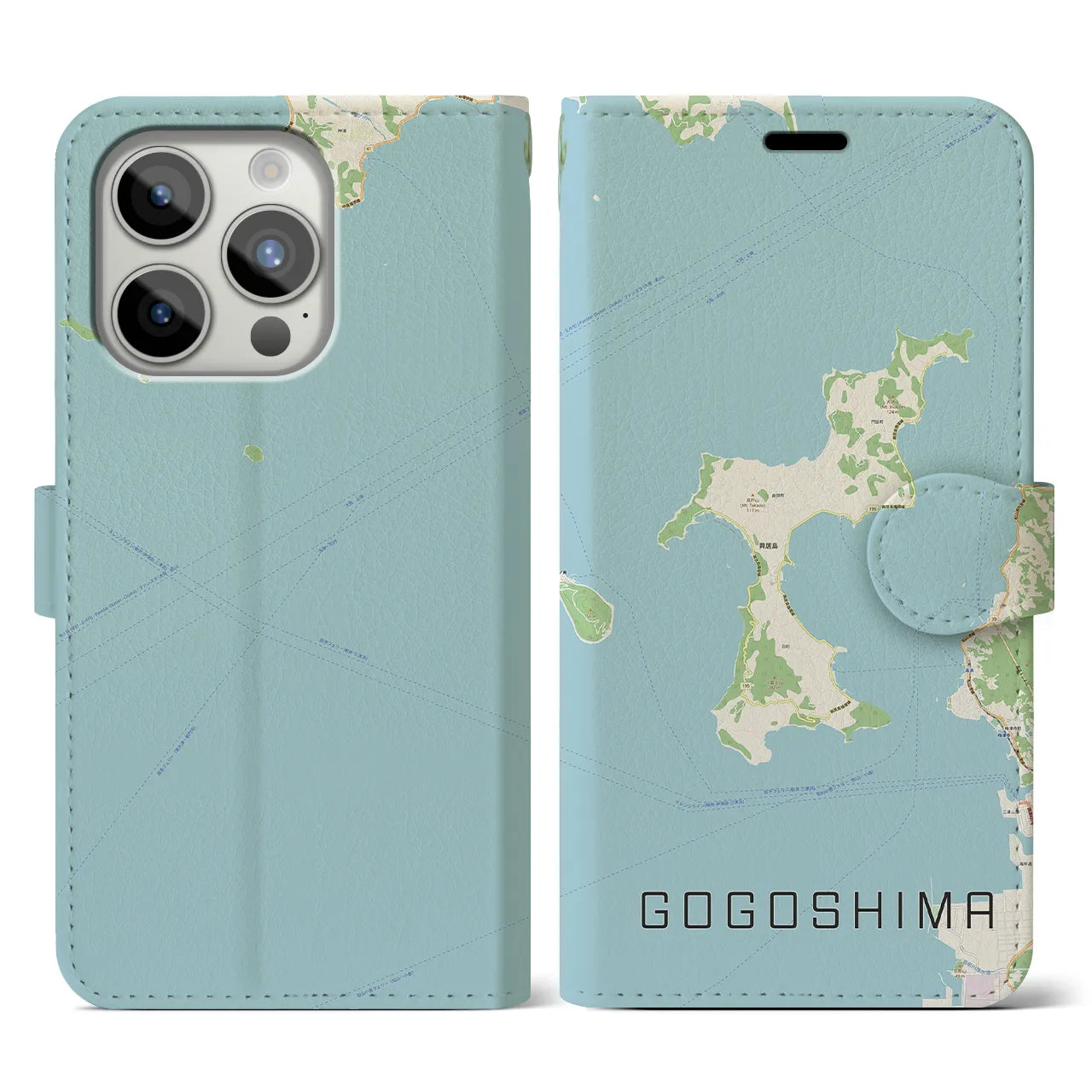 【興居島(愛媛県)】地図柄iPhoneケース(手帳タイプ)ナチュラル・iPhone 15 Pro 用