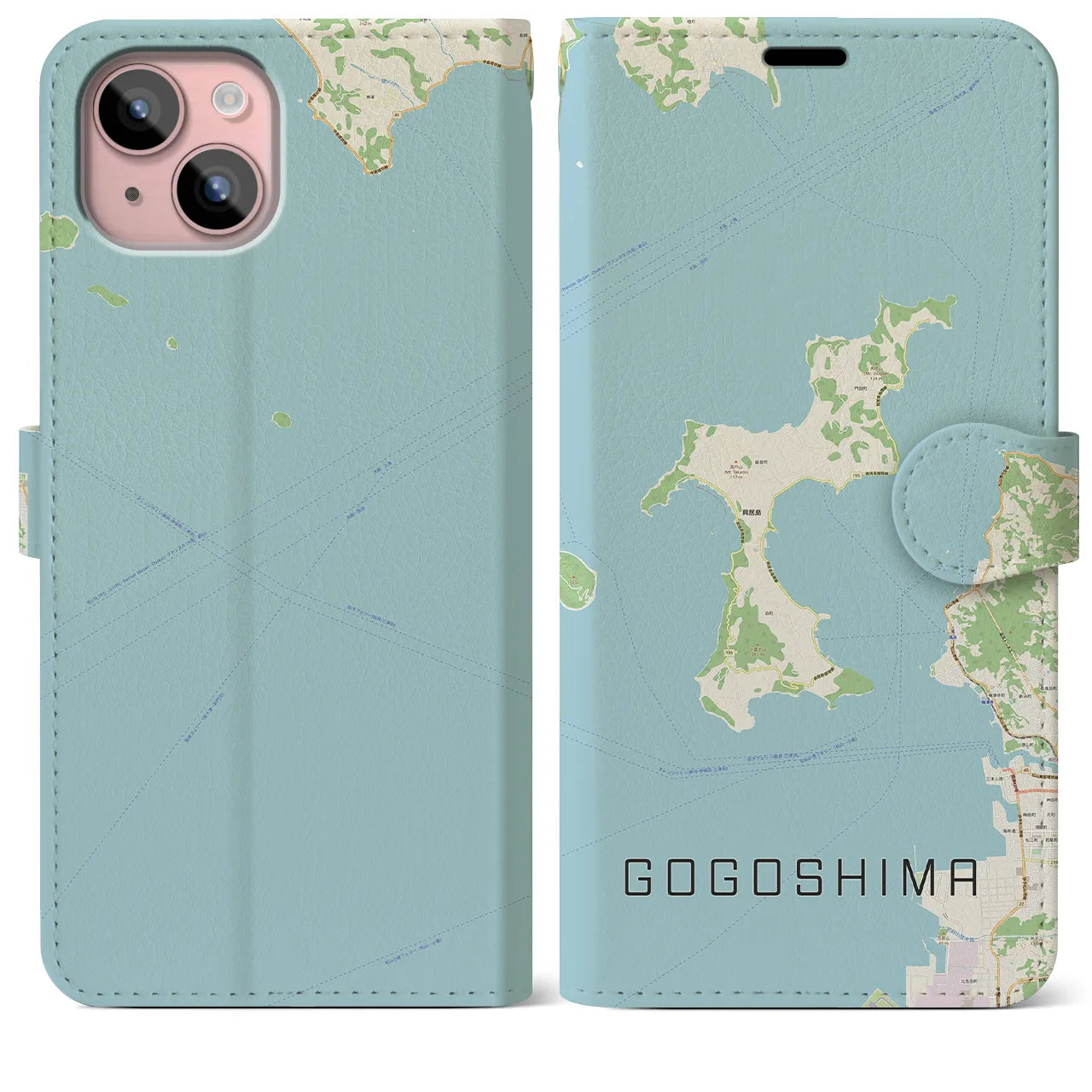 【興居島(愛媛県)】地図柄iPhoneケース(手帳タイプ)ナチュラル・iPhone 15 Plus 用