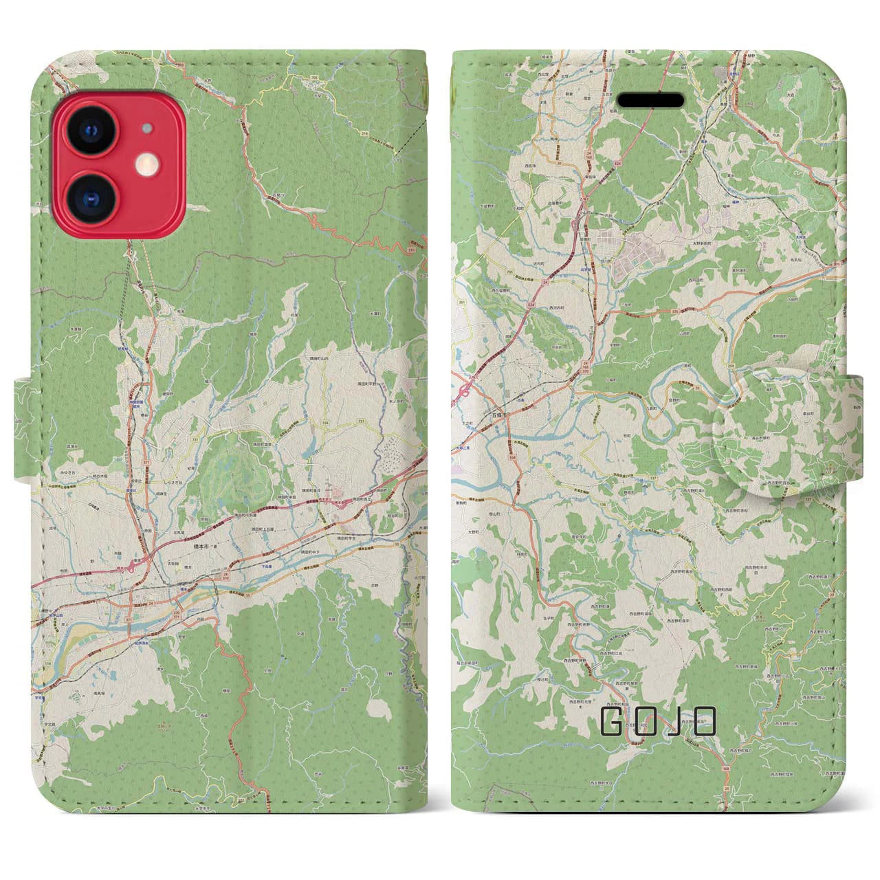 【五條(奈良県)】地図柄iPhoneケース(手帳タイプ)ナチュラル・iPhone 11 用
