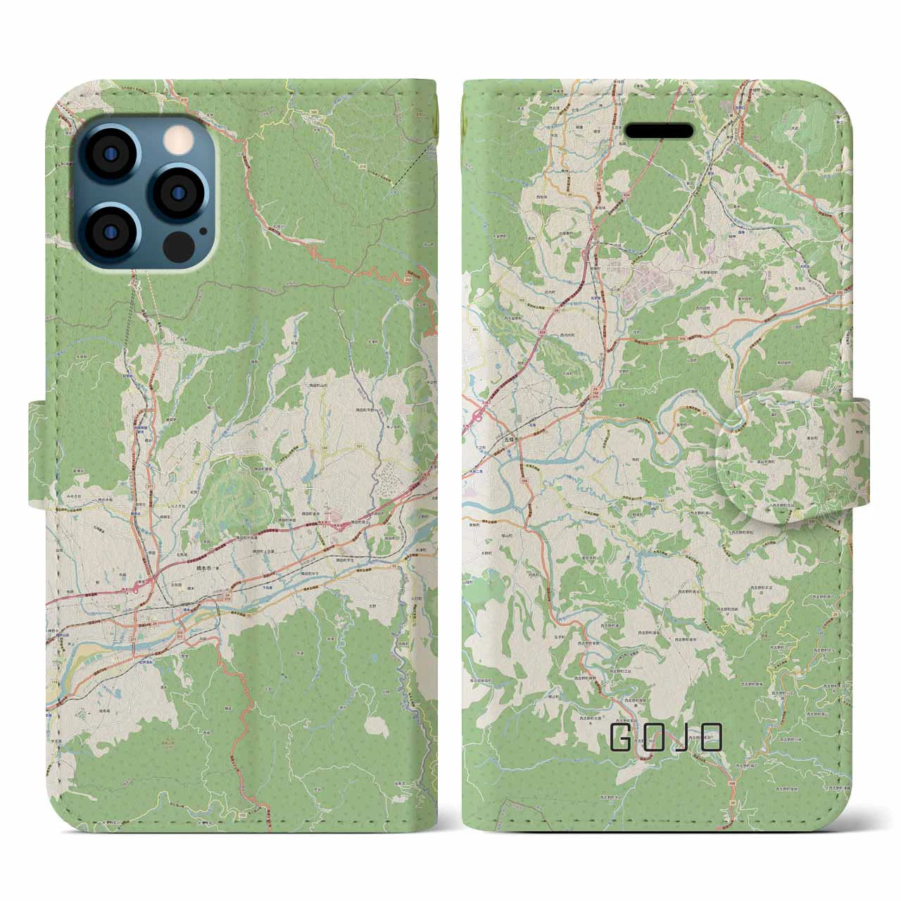 【五條(奈良県)】地図柄iPhoneケース(手帳タイプ)ナチュラル・iPhone 12 / 12 Pro 用