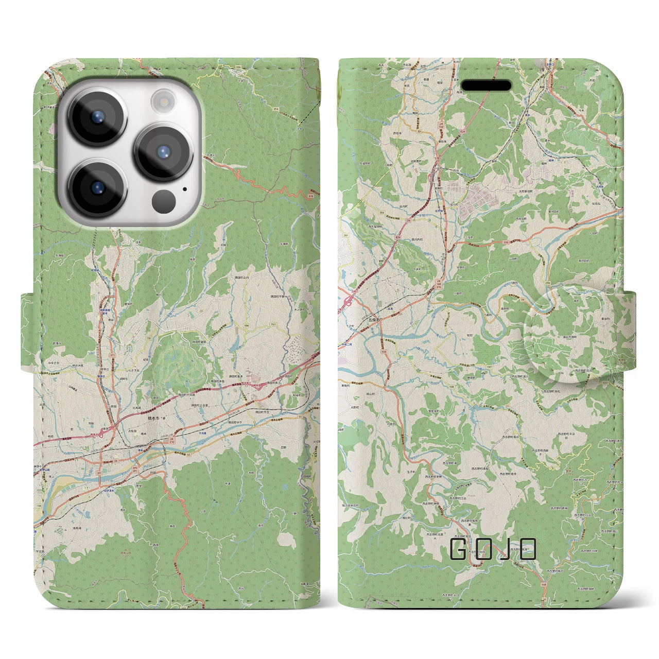 【五條(奈良県)】地図柄iPhoneケース(手帳タイプ)ナチュラル・iPhone 14 Pro 用