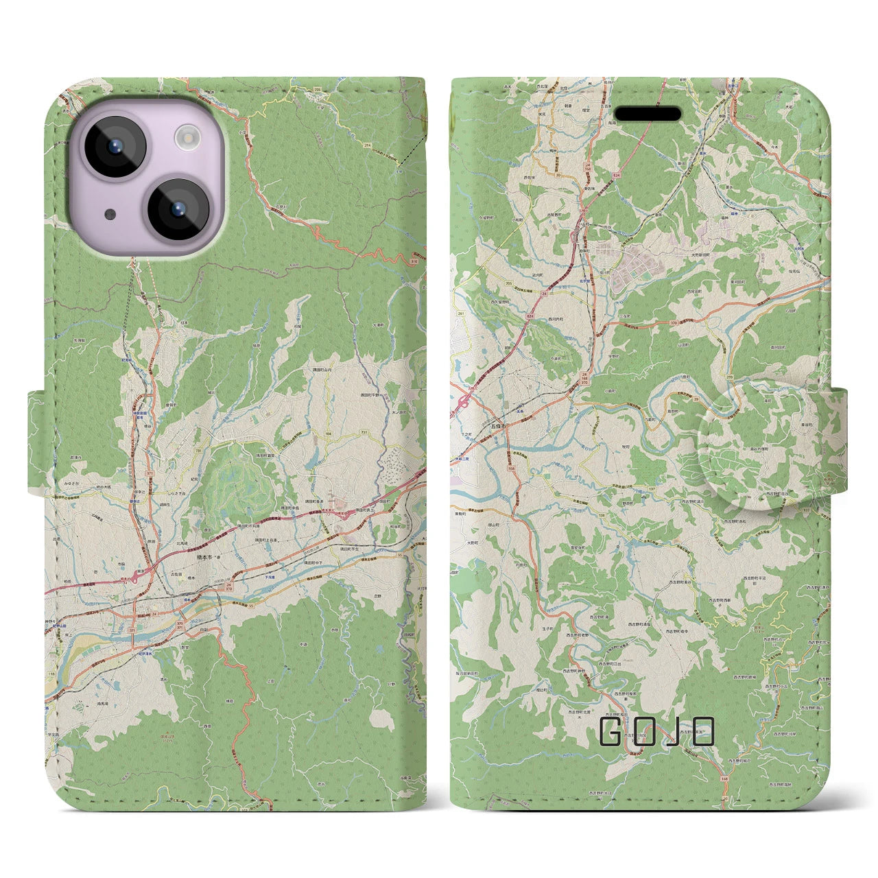 【五條(奈良県)】地図柄iPhoneケース(手帳タイプ)ナチュラル・iPhone 14 用