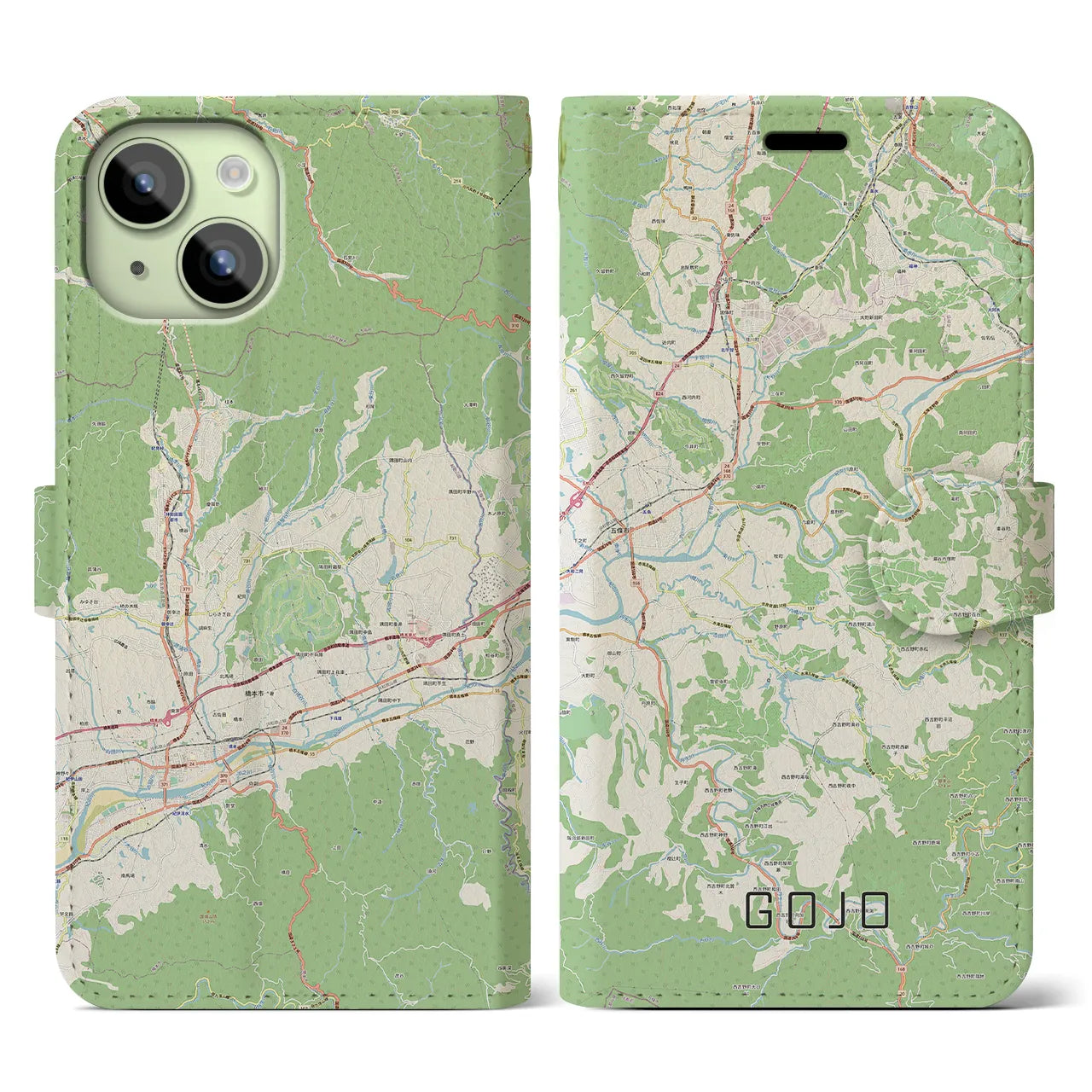 【五條(奈良県)】地図柄iPhoneケース(手帳タイプ)ナチュラル・iPhone 15 用