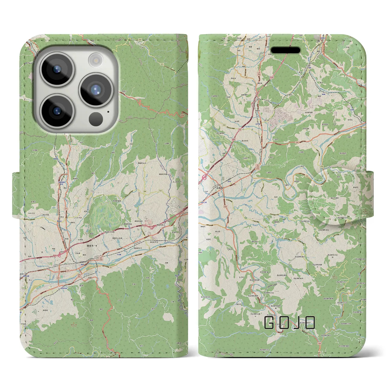 【五條(奈良県)】地図柄iPhoneケース(手帳タイプ)ナチュラル・iPhone 15 Pro 用