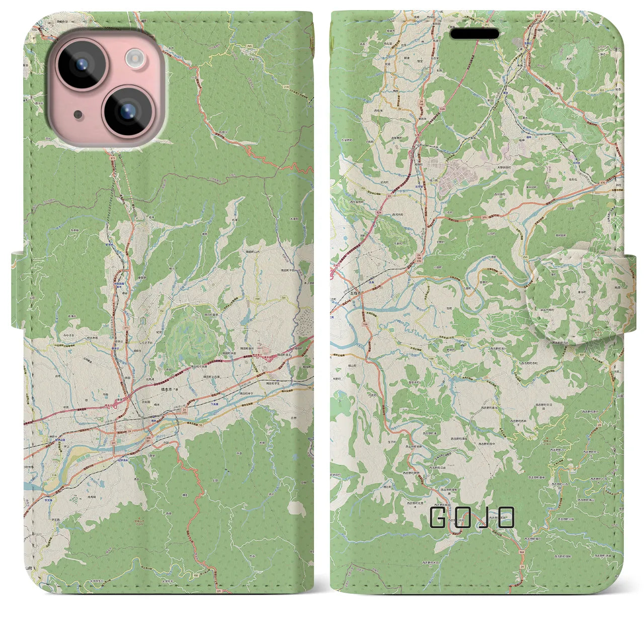【五條(奈良県)】地図柄iPhoneケース(手帳タイプ)ナチュラル・iPhone 15 Plus 用