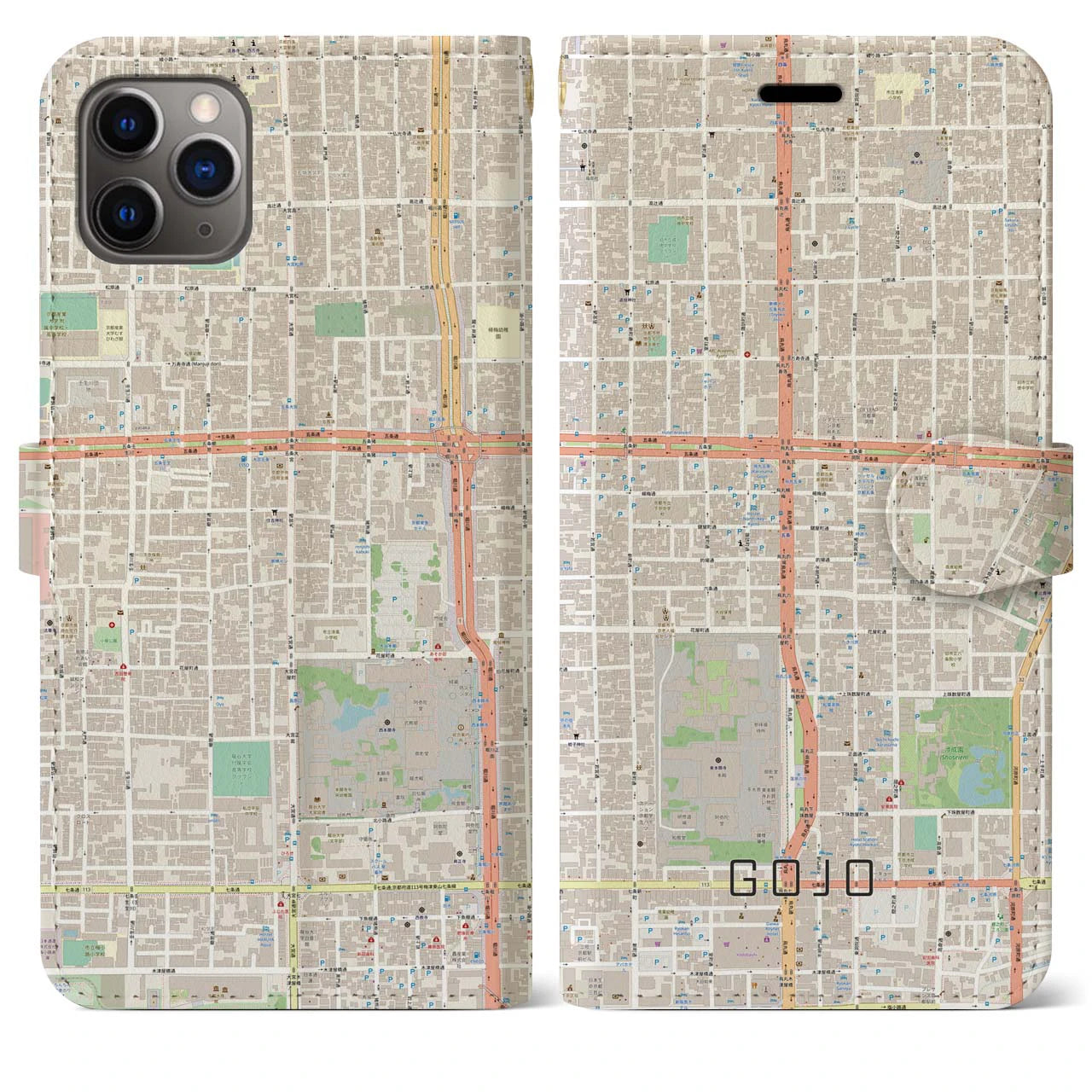 【五条(京都府)】地図柄iPhoneケース(手帳タイプ)ナチュラル・iPhone 11 Pro Max 用