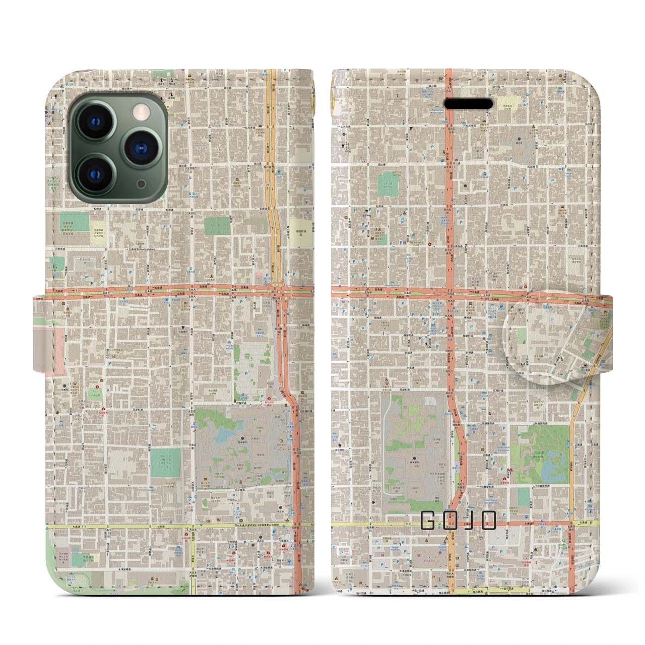 【五条(京都府)】地図柄iPhoneケース(手帳タイプ)ナチュラル・iPhone 11 Pro 用