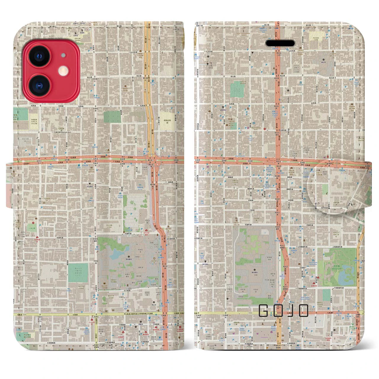【五条(京都府)】地図柄iPhoneケース(手帳タイプ)ナチュラル・iPhone 11 用