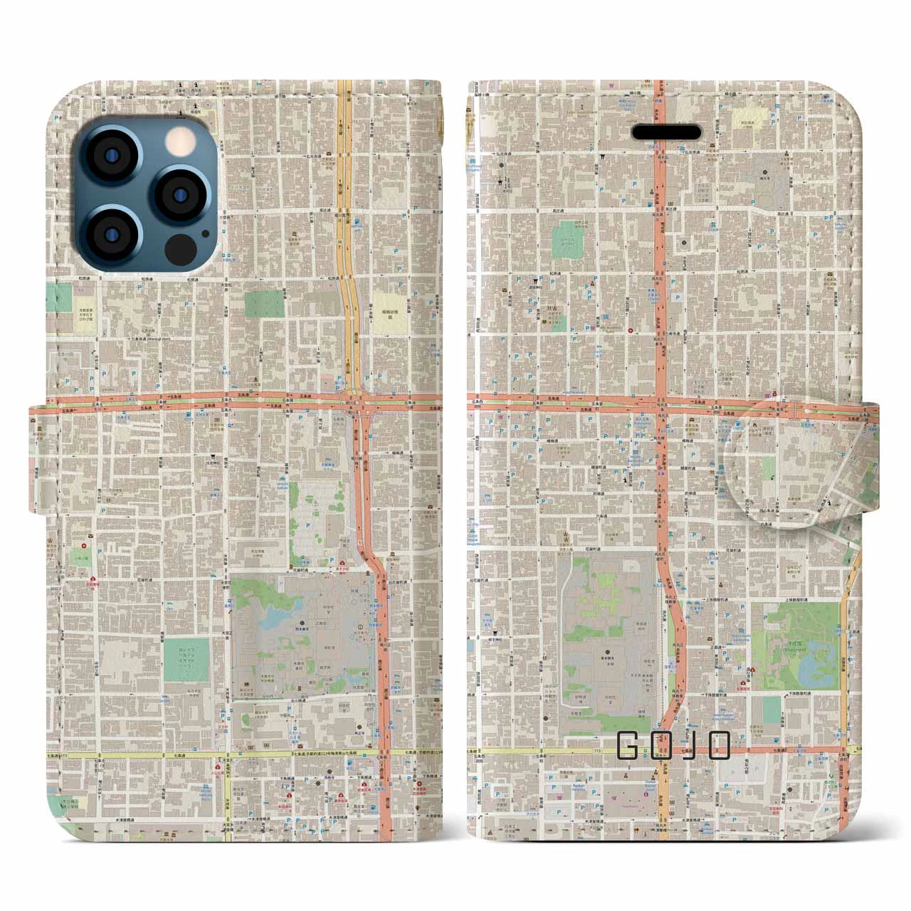 【五条(京都府)】地図柄iPhoneケース(手帳タイプ)ナチュラル・iPhone 12 / 12 Pro 用