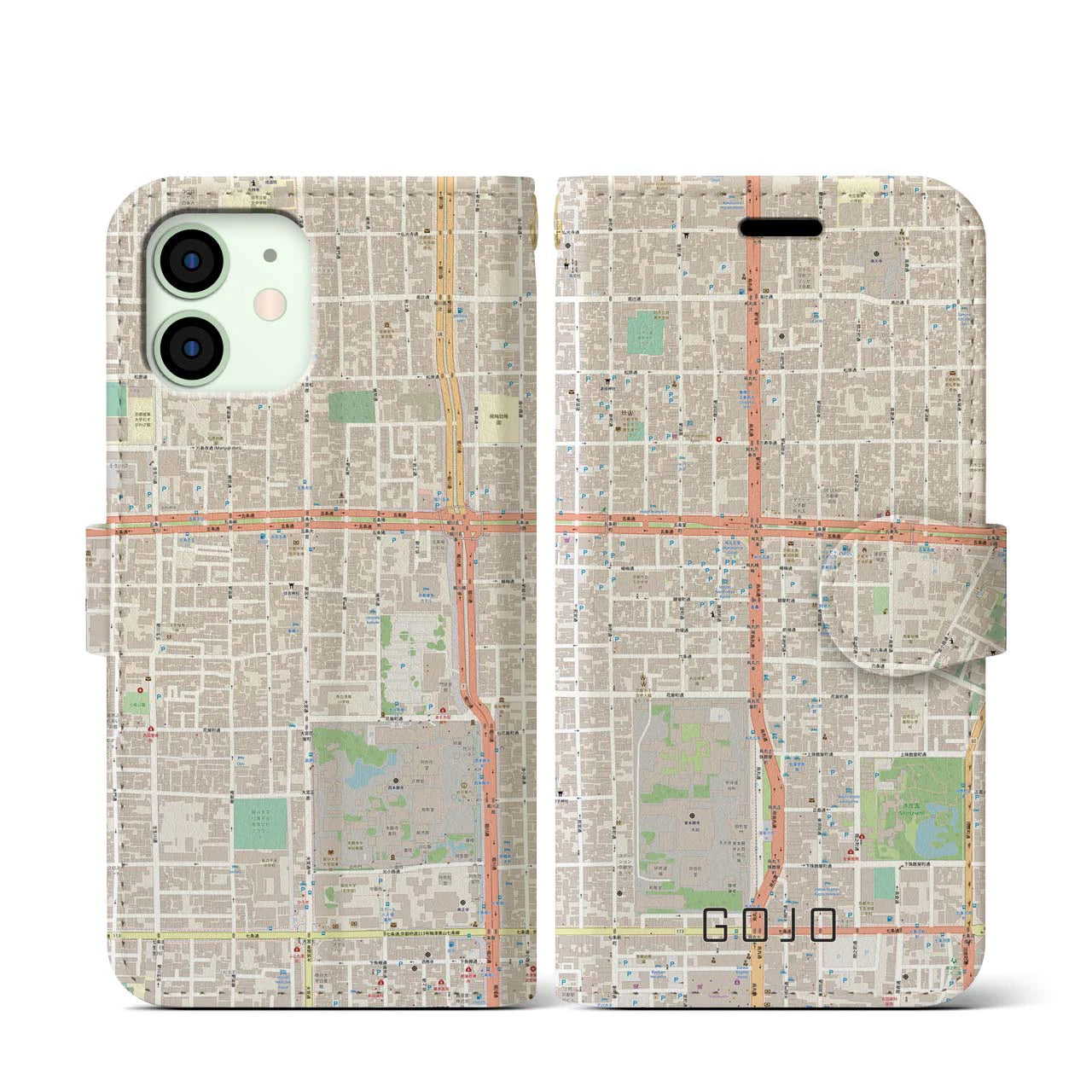【五条(京都府)】地図柄iPhoneケース(手帳タイプ)ナチュラル・iPhone 12 mini 用