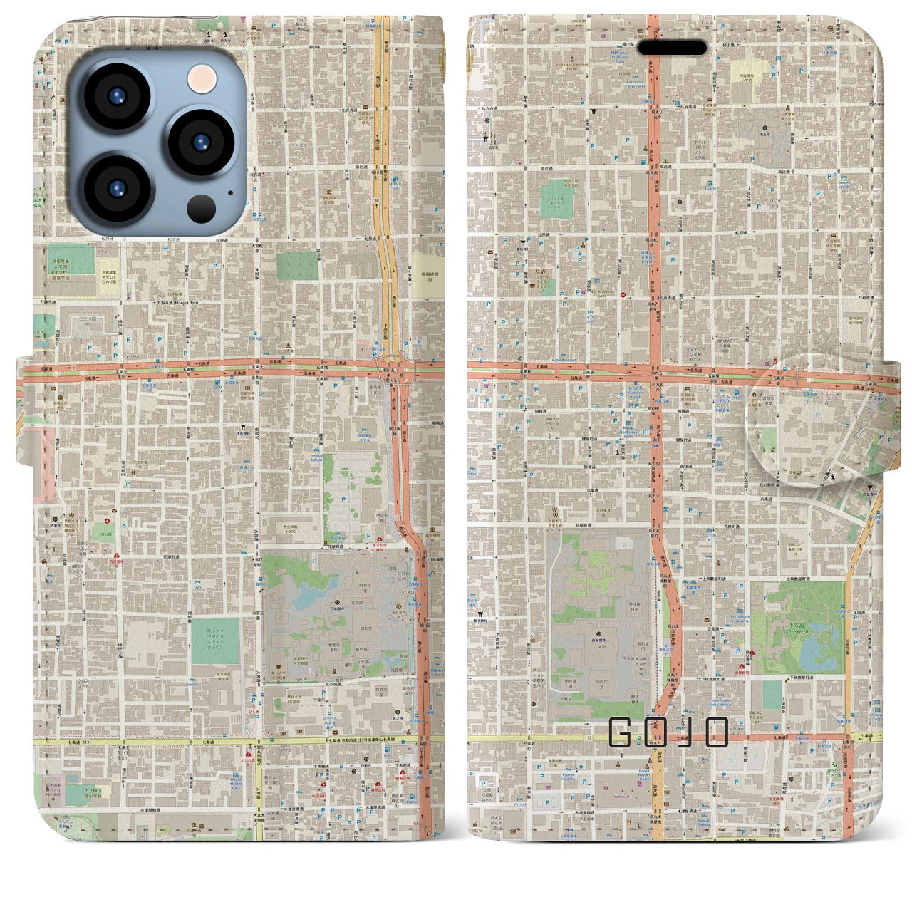 【五条(京都府)】地図柄iPhoneケース(手帳タイプ)ナチュラル・iPhone 13 Pro Max 用