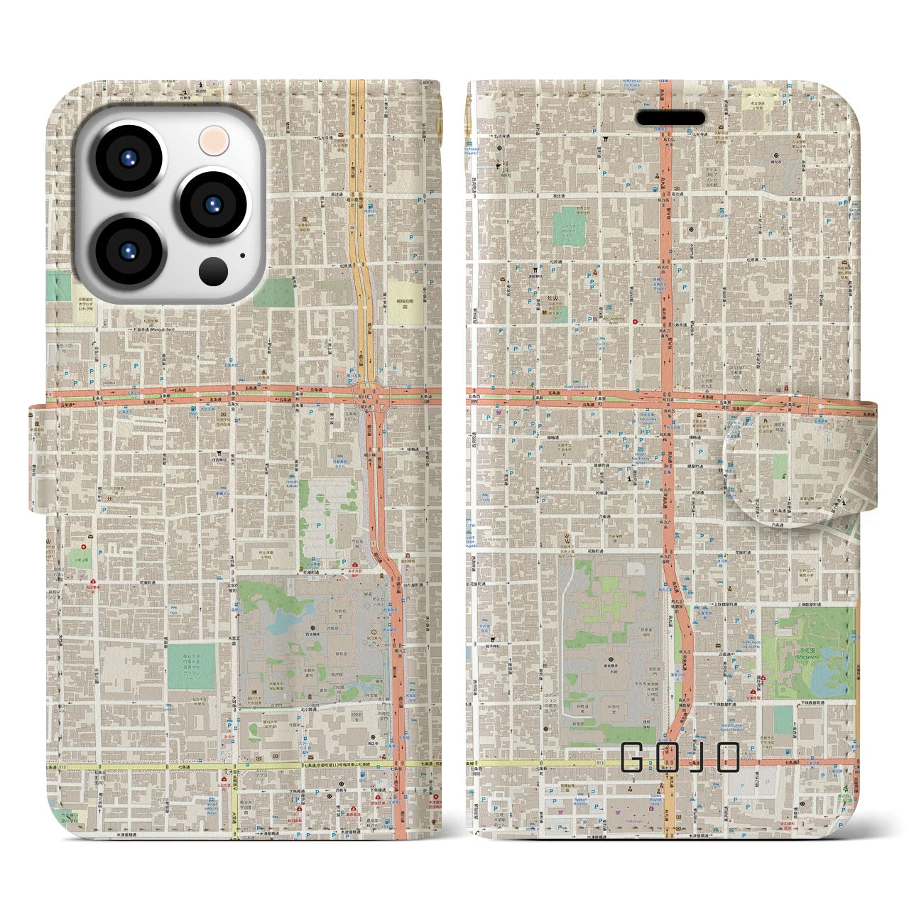 【五条(京都府)】地図柄iPhoneケース(手帳タイプ)ナチュラル・iPhone 13 Pro 用