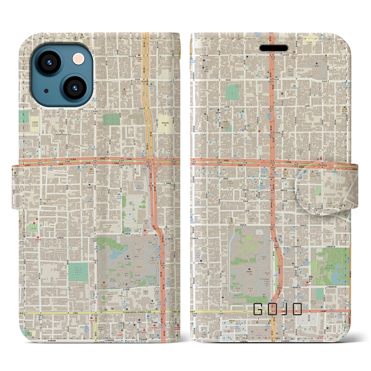 【五条(京都府)】地図柄iPhoneケース(手帳タイプ)ナチュラル・iPhone 13 用