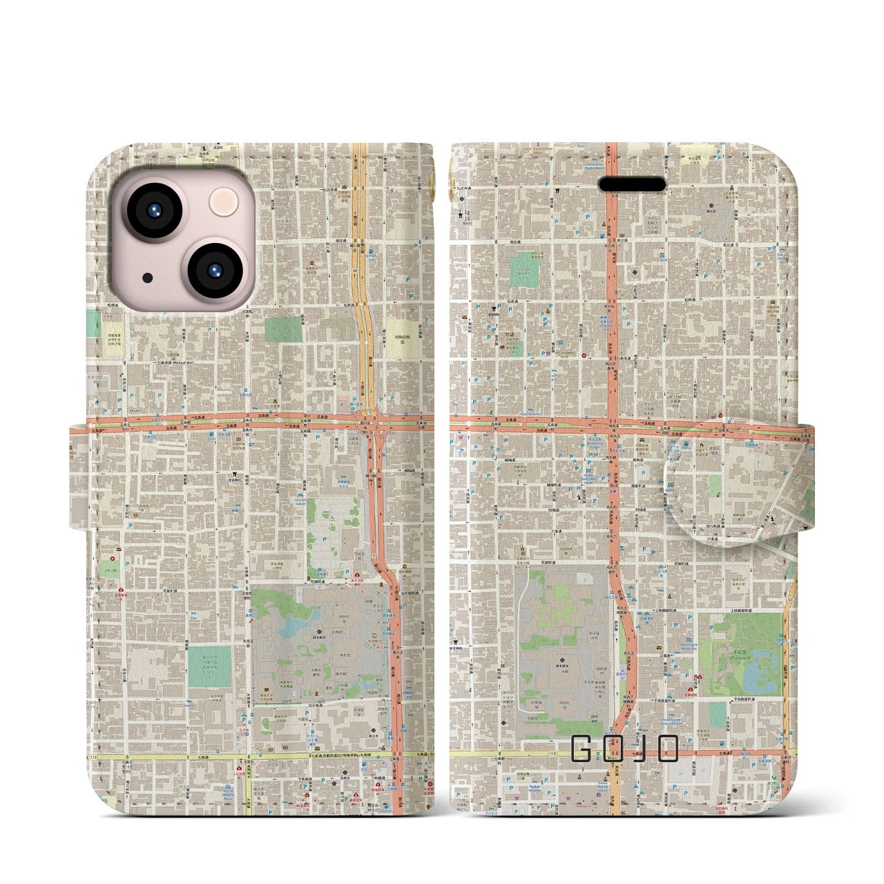 【五条(京都府)】地図柄iPhoneケース(手帳タイプ)ナチュラル・iPhone 13 mini 用