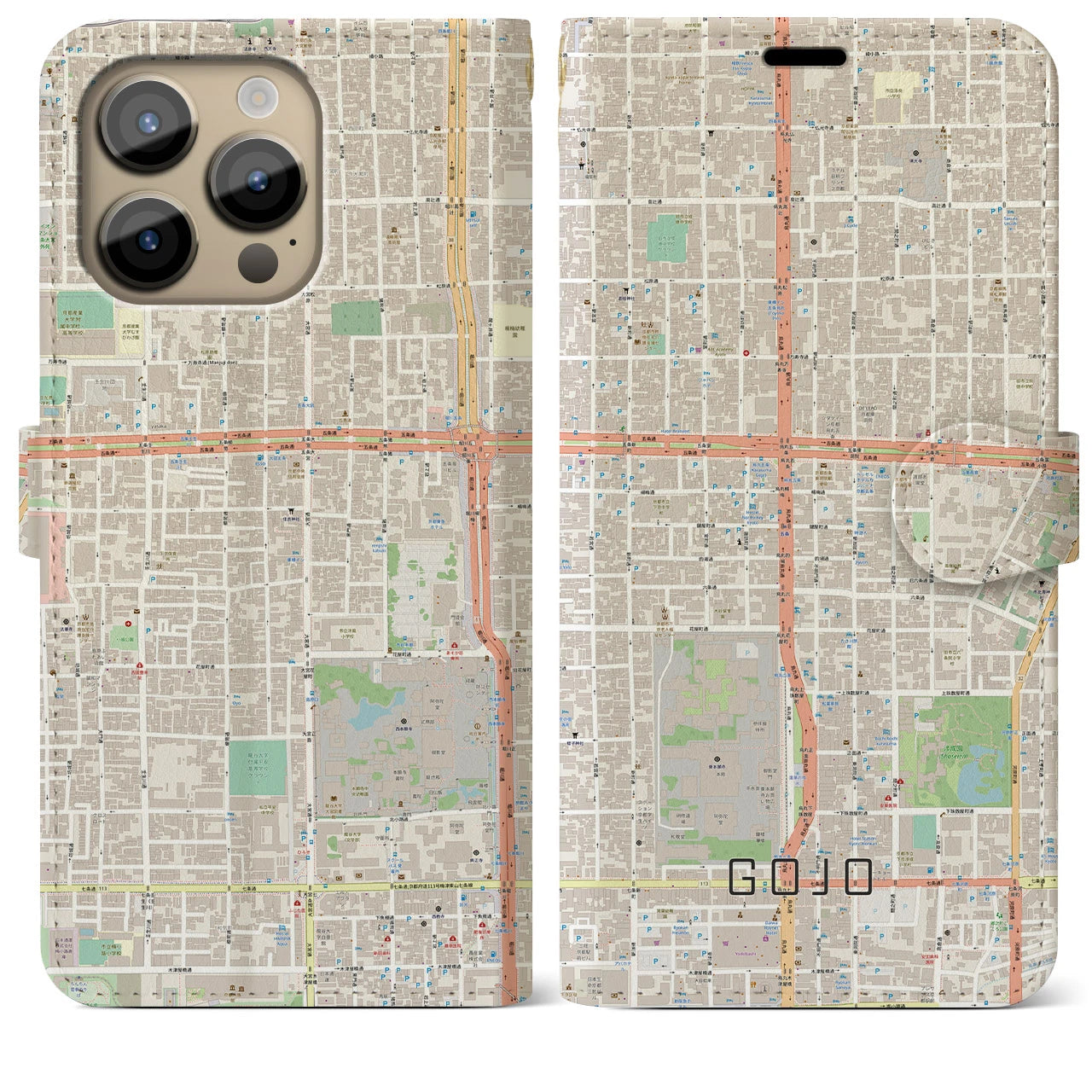 【五条(京都府)】地図柄iPhoneケース(手帳タイプ)ナチュラル・iPhone 14 Pro Max 用
