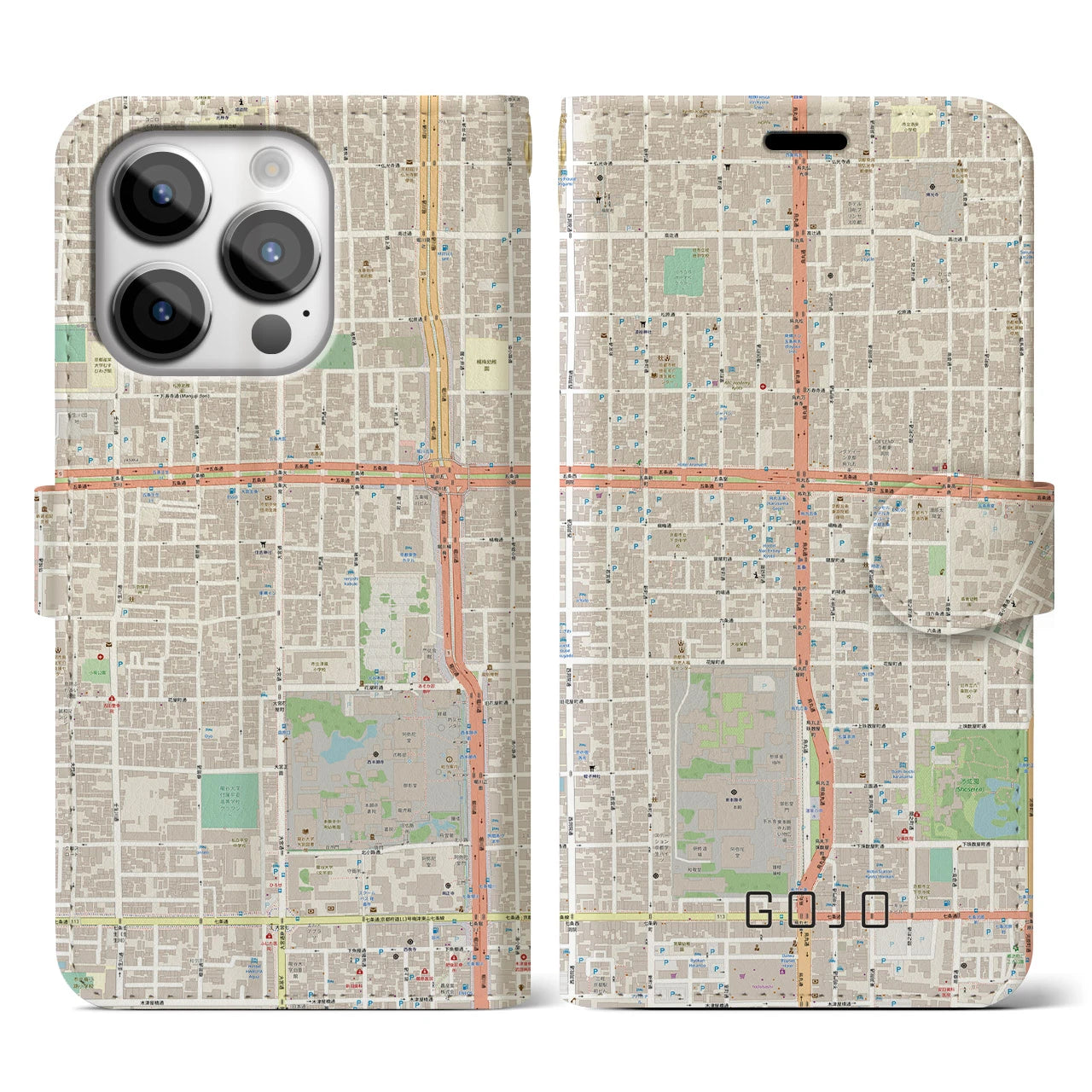 【五条(京都府)】地図柄iPhoneケース(手帳タイプ)ナチュラル・iPhone 14 Pro 用
