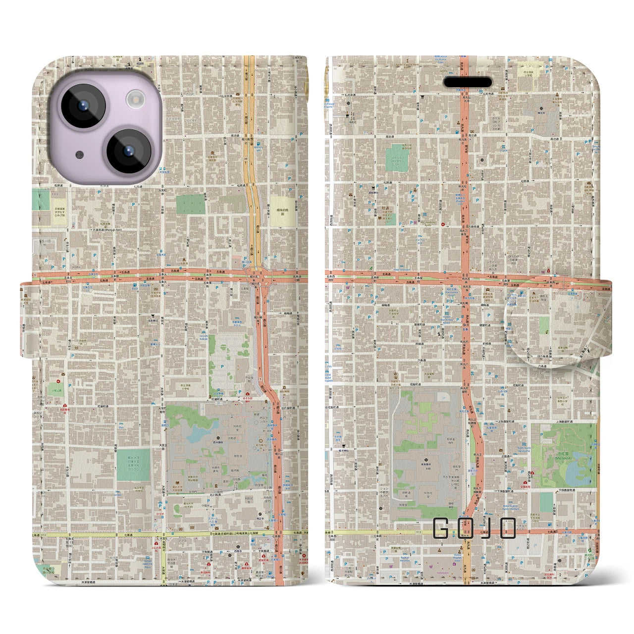 【五条(京都府)】地図柄iPhoneケース(手帳タイプ)ナチュラル・iPhone 14 用