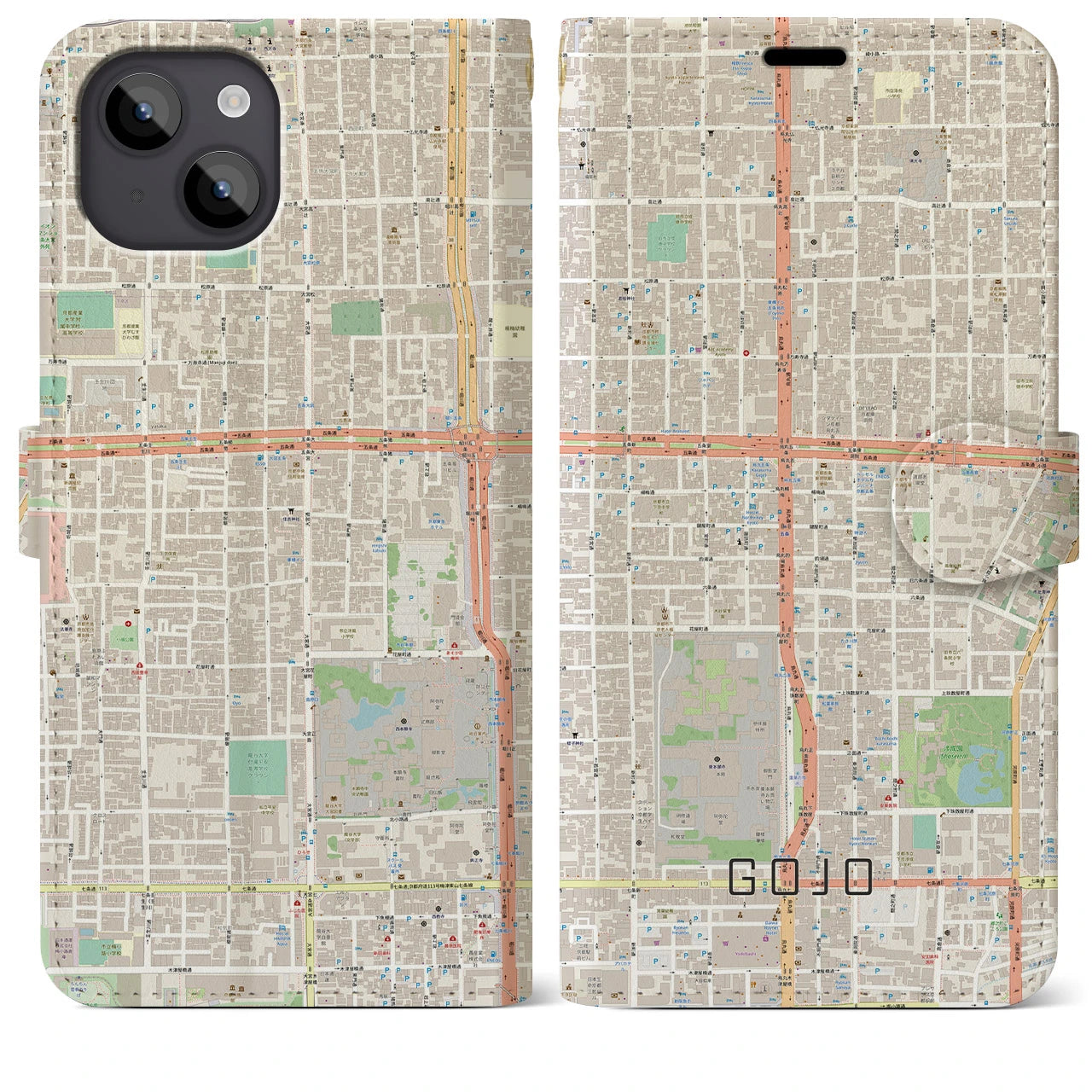 【五条(京都府)】地図柄iPhoneケース(手帳タイプ)ナチュラル・iPhone 14 Plus 用