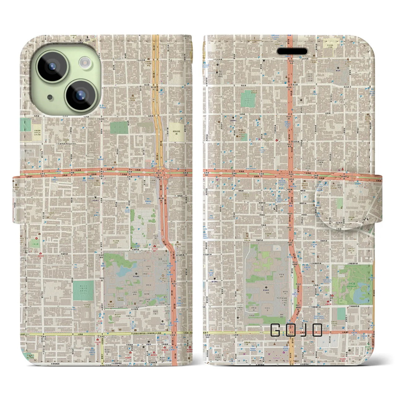 【五条(京都府)】地図柄iPhoneケース(手帳タイプ)ナチュラル・iPhone 15 用