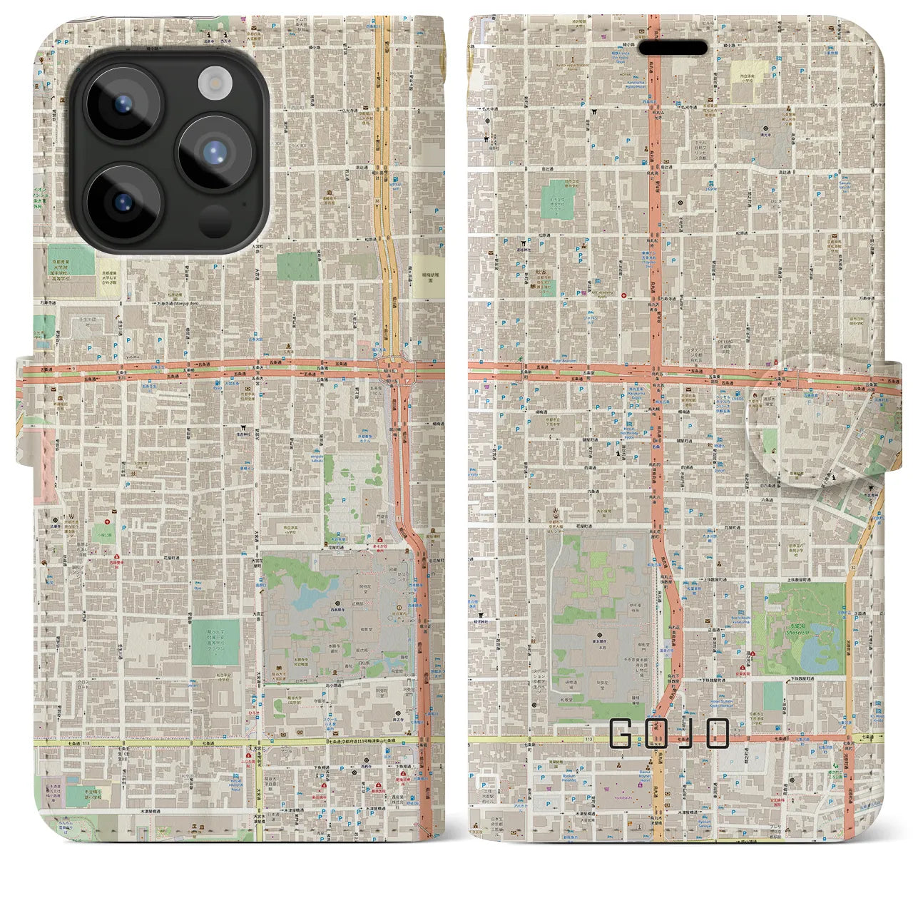 【五条(京都府)】地図柄iPhoneケース(手帳タイプ)ナチュラル・iPhone 15 Pro Max 用