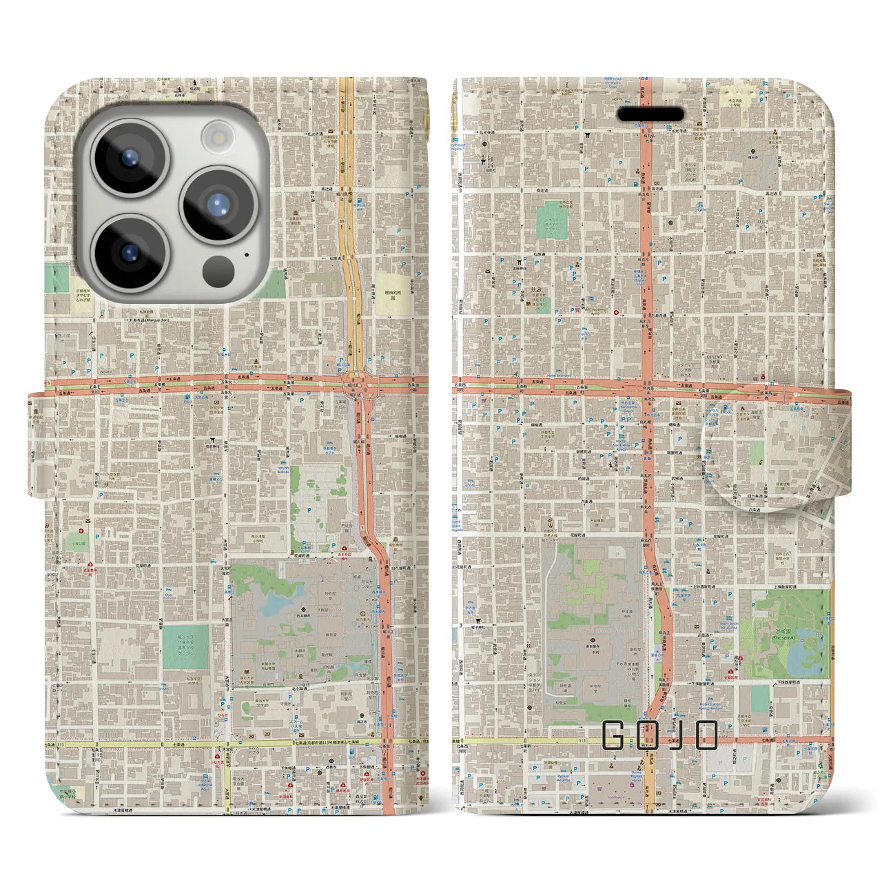 【五条(京都府)】地図柄iPhoneケース(手帳タイプ)ナチュラル・iPhone 15 Pro 用