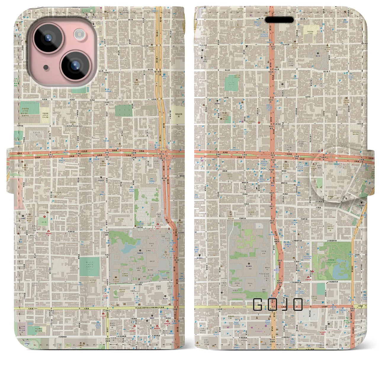 【五条(京都府)】地図柄iPhoneケース(手帳タイプ)ナチュラル・iPhone 15 Plus 用