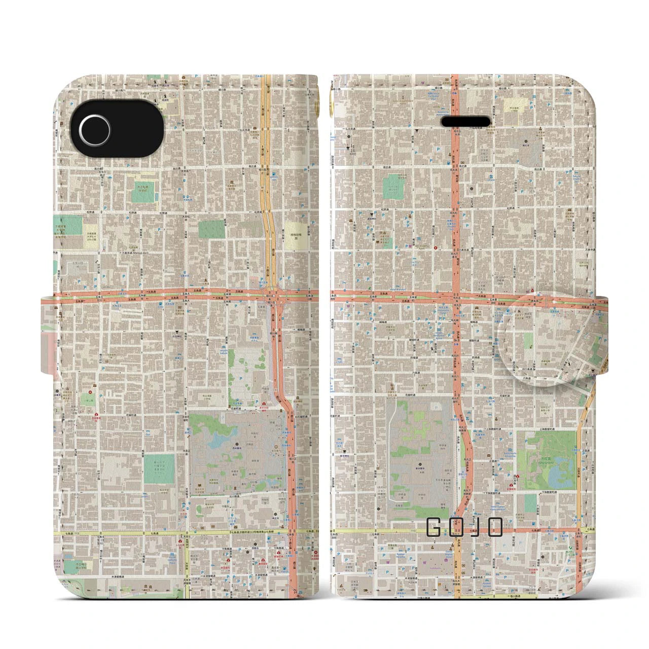【五条(京都府)】地図柄iPhoneケース(手帳タイプ)ナチュラル・iPhone SE(第3 / 第2世代) / 8 / 7 / 6s / 6 用