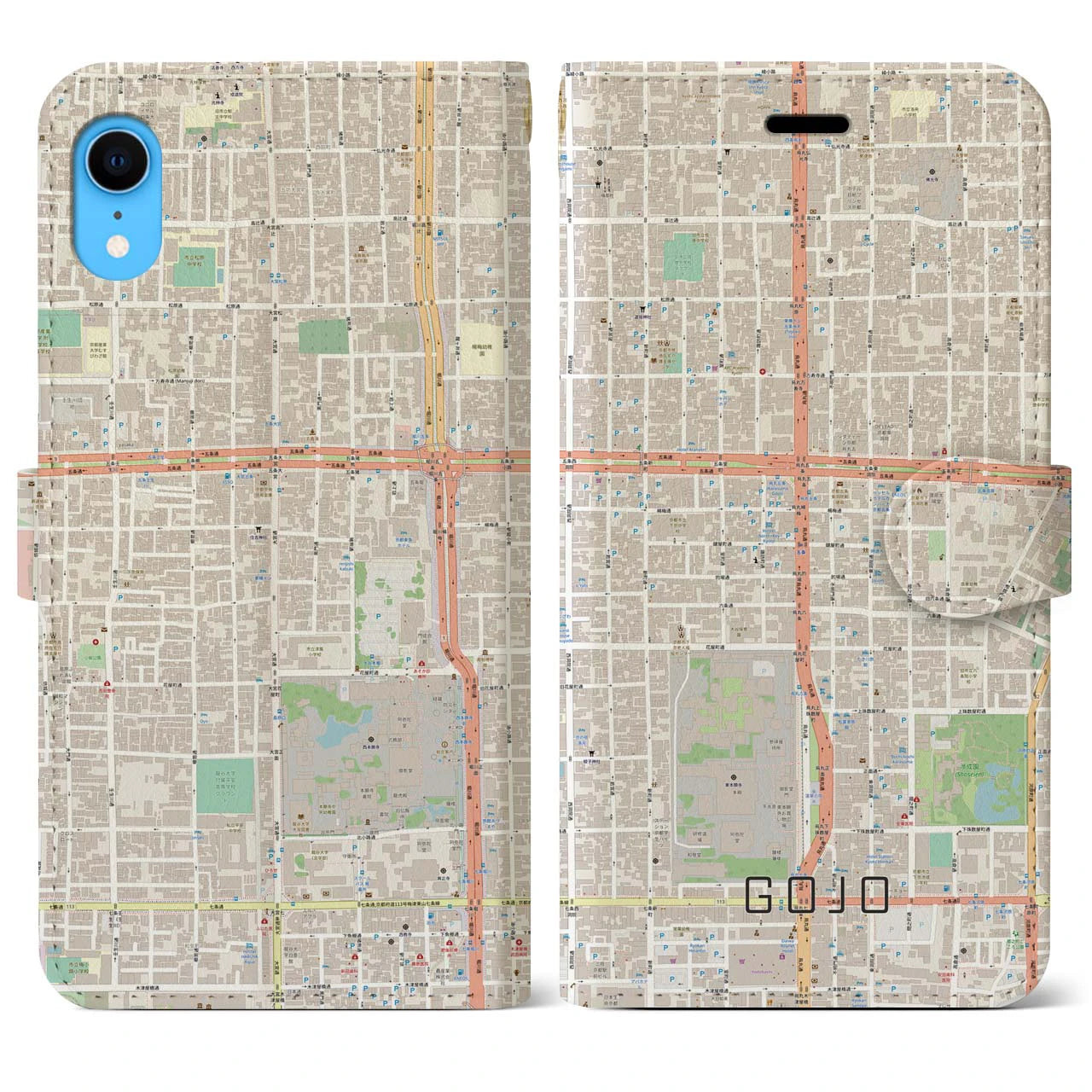 【五条(京都府)】地図柄iPhoneケース(手帳タイプ)ナチュラル・iPhone XR 用
