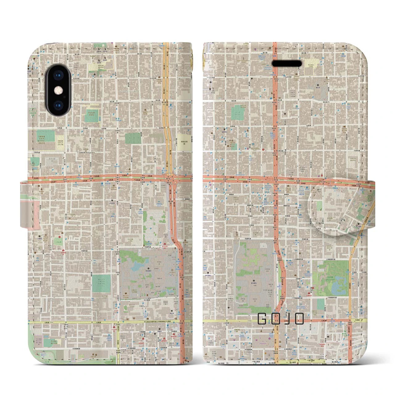 【五条(京都府)】地図柄iPhoneケース(手帳タイプ)ナチュラル・iPhone XS / X 用